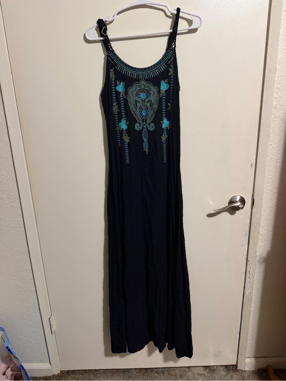 Monoreno Black Maxi Dress with Teal Embroidery